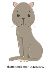 Cute cartoon gray cat in flat style isolated on white background. Vector drawing of a domestic cat that sits, an adorable animal, a pet