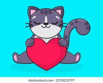 A cute cartoon gray cat holds a pink heart in its paws. Gray cat on a blue background. Vector illustration