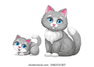 Cute cartoon gray cat with a kitten. Vector couple mom and baby on a white background.