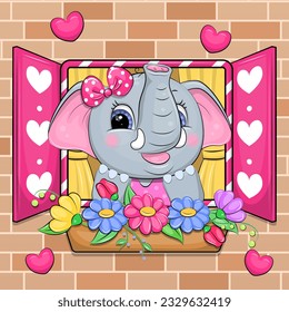 A cute cartoon gray elephant looks out the window. Vector illustration of an animal, a window, flowers, a flower pot on a brick wall background.