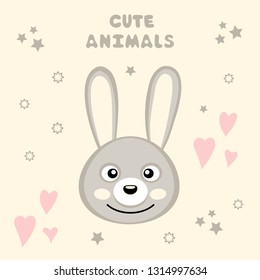Cute, cartoon, gray hare on a pink background with hearts and asterisks. Isolated objects. Vector illustration.