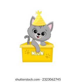 cute cartoon gray kitten in a box on a white background. Funny cat. Vector illustration