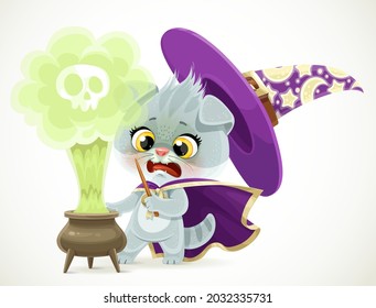 Cute cartoon gray kitten dressed as a wizard scared from the explosion of a potion in a cauldron isolated on a white background