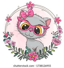 Cute Cartoon Gray kitten with a floral wreath