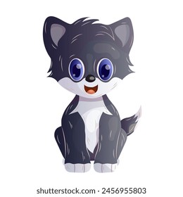 Cute cartoon gray kitten sitting upright. Isolated object on a white background. Vector image.