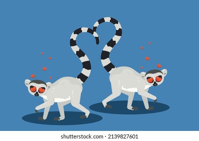 Cute cartoon gray lemur catta couple with big red heart illustration.