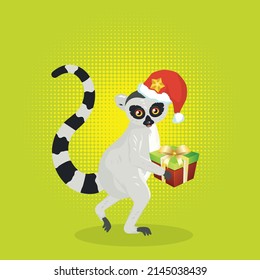 Cute cartoon gray lemur catta wears Santa hat greeting card illustration.