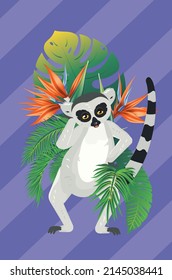 Cute cartoon gray lemur catta with tropical leaves and flowers.