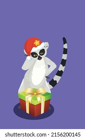 Cute cartoon gray lemur catta wears Santa hat greeting card illustration.