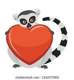 Cute cartoon gray lemur catta with big red heart illustration.