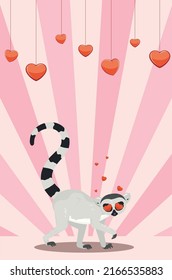 Cute cartoon gray lemur catta with big red heart illustration.