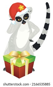 Cute cartoon gray lemur catta wears Santa hat illustration.