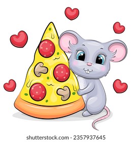 Cute cartoon gray mouse with a big piece of pizza. Vector illustration of animal on a white background with red hearts.