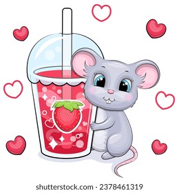 Cute cartoon gray mouse with a big strawberry drink. Vector illustration of an animal and a cup of red water on a white background with red hearts.