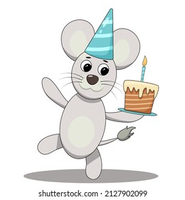 Cute cartoon gray mouse with a cake celebrates a birthday. Festive mouse in a cap