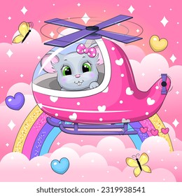 A cute cartoon gray mouse in a pink helicopter is flying in the sky with clouds and a rainbow. Vector illustration of an animal on a pink background with stars, hearts and butterflies.