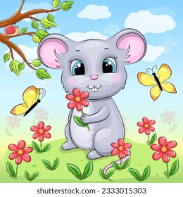 Ratón gris de dibujos animados con flor roja en la naturaleza. Ilustración vectorial de primavera con flores rojas, mariposas amarillas, hierba verde, árbol, cielo azul y nubes blancas.