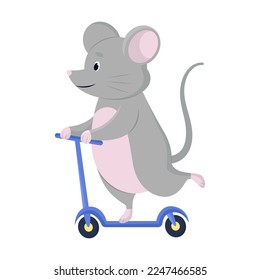 Cute cartoon gray mouse riding scooter. Comic animal on personal transport vector illustration. Transportation, animal concept