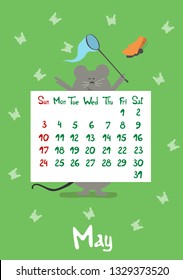 Cute cartoon gray mouse the symbol of chinese year 2020. Calendar graphic design green color page of spring month may in new year. Funny Rat  catches butterflies. Vector illustration