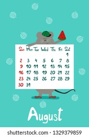 Cute cartoon gray mouse the symbol of chinese year 2020. Calendar graphic design aquamarine color page of summer month august in new year. Funny Rat eating watermelons. Vector illustration