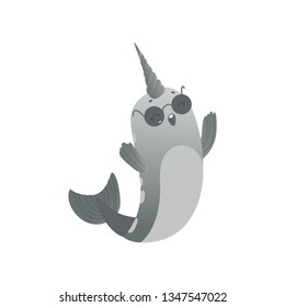 Cute cartoon gray narwhal in black glasses. Cute and happy sea unicorn with gradient, cartoon animal and narwhal, isolated vector illustration on white background.