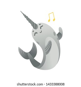 Cute cartoon gray narwhal sings. Cute and smiling sea unicorn with gradient, cartoon animal and narwhal with musical note, isolated vector illustration on white background.