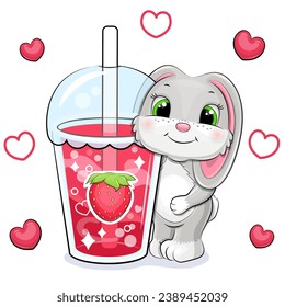 Cute cartoon gray rabbit with a big strawberry drink. Vector illustration of an animal and a cup of red water on a white background with red hearts.