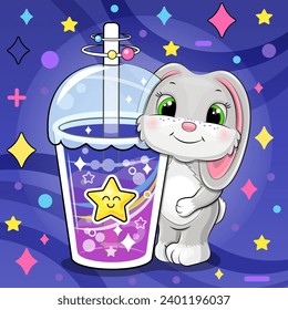 Un bonito conejo gris de dibujos animados con una gran estrella. Ilustración vectorial de un animal y una taza de agua colorida sobre un fondo azul oscuro con estrellas y puntos.