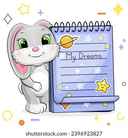 Un lindo conejo gris de dibujos animados y un cuaderno azul con pegatinas. Ilustración vectorial de animales sobre un fondo blanco con estrellas, círculos.
