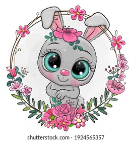 Cute Cartoon Gray Rabbit in a flowers frame