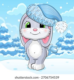 Lindo conejo gris de dibujos animados con sombrero en invierno. Ilustración vectorial de animales en la naturaleza sobre un fondo azul con nieve.