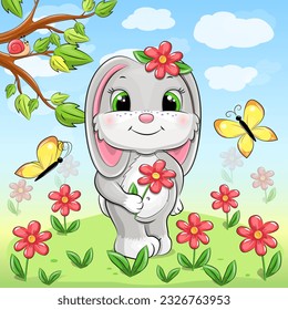 Cute cartoon gray rabbit in nature. Vector illustration of an animal with yellow butterflies, red flowers, blue sky, white clouds, green grass and tree.