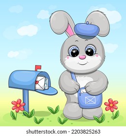 A cute cartoon gray rabbit postman with a blue bag and hat stands next to the mailbox. Vector illustration of an animal.