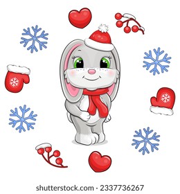 Cute cartoon gray rabbit with a red scarf and hat in a winter frame. Vector illustration of an animal with red mittens, berries, hearts and blue snowflakes on a white background.