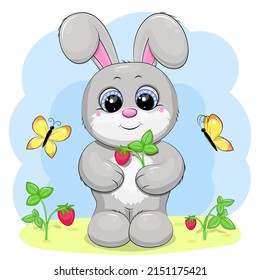 Cute cartoon gray rabbit with strawberries and butterflies. Vector illustration of an animal on a blue background.