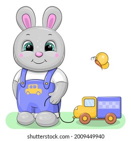Cute cartoon gray rabbit with a toy truck. Vector illustration of an animal on isolated on white.