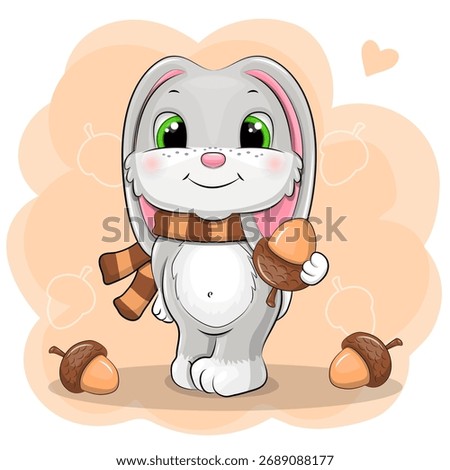 Cute cartoon gray rabbit with warm scarf and acorns. Autumn vector illustration of an animal on an orange background.