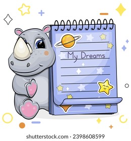 A cute cartoon gray rhino and a blue notebook with stickers. Vector illustration of animal on a white background with stars, circles.