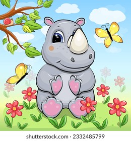 Cute cartoon gray rhinoceros in nature. Spring animal vector illustration with yellow butterfly, red flowers, green grass, blue sky, white cloud and tree.