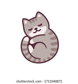 Cute cartoon of a gray tabby cat sleeping in curled position. Adorable kawaii kitty drawing. Isolated vector clip art illustration.