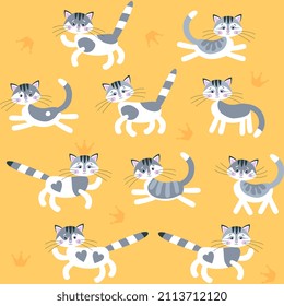 Cute cartoon gray-white cats and crowns isolated on warm yellow-orange background. Fairy tale print for kids. Fabric for clothes, wallpaper, pattern for bed linen. Symbols of Chinese New Year. 2023.