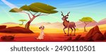 Cute cartoon greater kudu antelope and meerkat suricate in Africa savannah with green acacia trees and stones, sand field and rocky mountains on horizon, blue sky. African animals in safari desert.