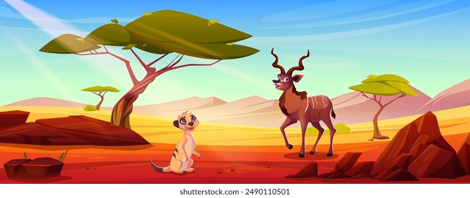 Cute cartoon greater kudu antelope and meerkat suricate in Africa savannah with green acacia trees and stones, sand field and rocky mountains on horizon, blue sky. African animals in safari desert.