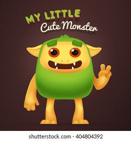 Cute Cartoon Green alien character with My little cute monster typography. Fun Fluffy incredible yeti creature isolated on brown background