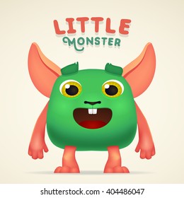 Cute Cartoon Green alien Creature character with little monster lettering. Fun Fluffy mutant rabbit isolated on light background.