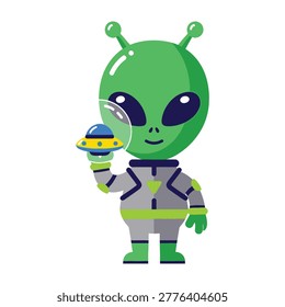 Cute cartoon green alien in gray and green space suit holding a yellow and blue spaceship toy, smiling and looking curious, fun and playful character for kids and science fiction fans
