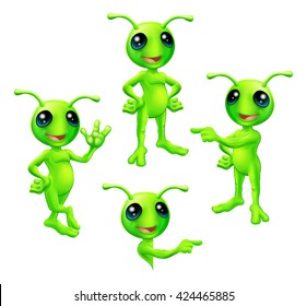 A cute cartoon green alien Martian character with antennae in various poses