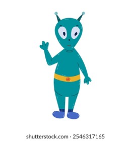 Cute cartoon green alien smiling and waving hello. Friendly extraterrestrial monster with big eyes, in boots and belt. Hand drawn clipart of weird creature in childish style isolated on background.