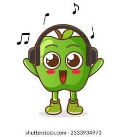 Cute cartoon green apple character listening to music and enjoy. Vector character illustration icon isolated on white. green apple Fruit cartoon mascot character Listening music on a headset