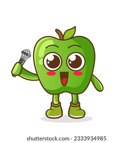 Caricatura corta cantante de manzana verde sosteniendo el micrófono